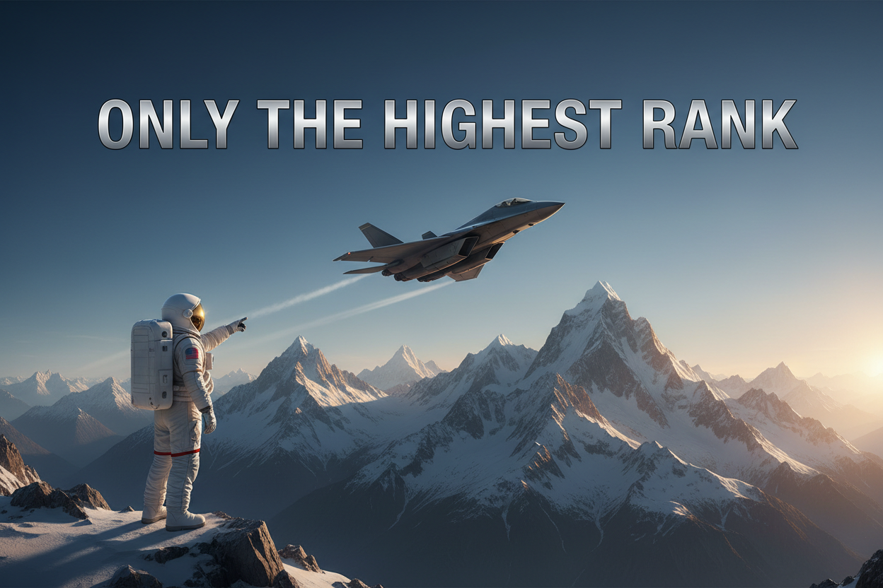 a jet flying by mountains with a astronaut with the words saying only the highest rank 