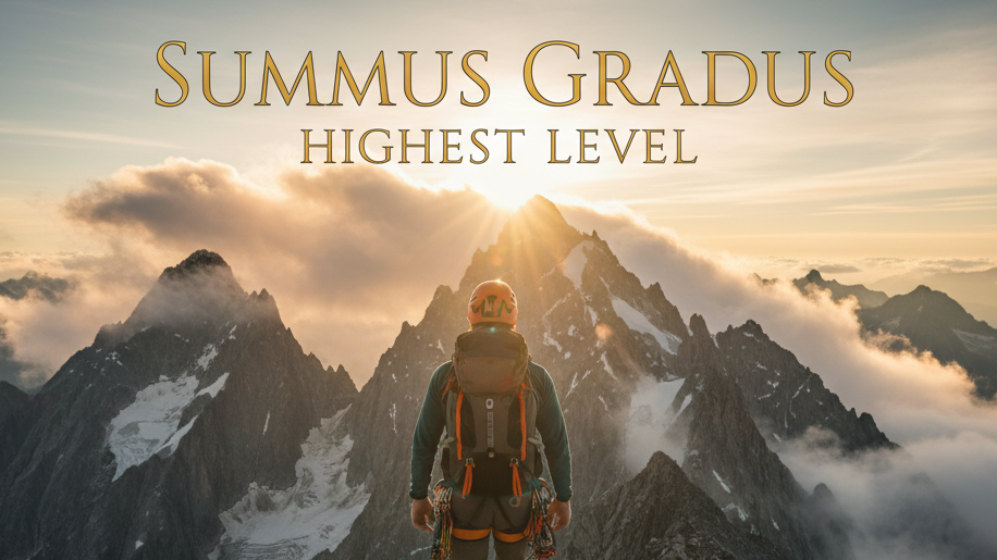 someone climbing a mountain with the words summus gradus and highest level floating
