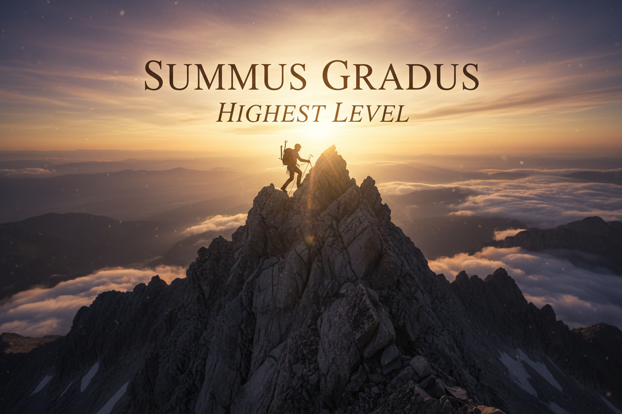 someone climbing a mountain WIth the words summus gradus and highest level floating